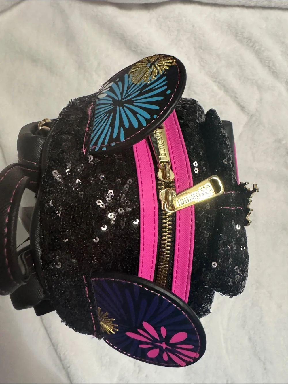 Loungefly x Disney Minnie Sequin December Mini Backpack - Black with Pink Firewo
